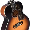Akustická kytara s korpusem v barvě sunburst (přechod od žluté přes hnědou k černé). Nástroj má tmavý hmatník s bílými ozdobnými vložkami a tmavý ple…