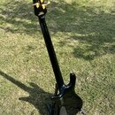 Černá elektrická basová kytara umístěná na stojanu na trávníku. Na zadní straně hlavy jsou zlaté nápisy EURO SERIES a MADE IN KOREA, dále je zde séri…