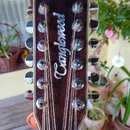 Detail hlavy 12strunné akustické kytary z tmavého dřeva s viditnou sletou. Uprostřed je bílý nápis v kurzívě "Tanglewood". Na hlavě jsou instalovány…