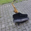 Zlatý saxofon s černým mouthpiecem, který stojí vedle otevřeného černého měkkého pouzdra. Na nástroji nejsou viditelná žádná loga ani nápisy. Povrch…