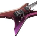 Elektrická kytara s ostře hranatým, atypickým tvarem korpusu v metalickém fialovém odstínu. Nástroj má dva humbuckery, Tremolo systém s páčkou a tři…