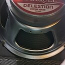 Detailní pohled na zadní stranu reproduktoru s kovovým rámem. Na červenobílém štítku je uveden nápis MARQUEE, CELESTION CUSTOM VOICED a kód SPKR-9009…