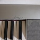 Detail digitálního piana s bílými a černými klávesami. Na stříbrném povrchu nad klávesnicí je nápis Portable Grand NP-30. Vedle kláves se nachází mří…