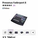 Snímek zachycuje černý DAW kontroler PreSonus Faderport 8. Zařízení má osm posuvníků, řadu tlačítek a ovládací prvky v pravé části. Na horní hraně je…