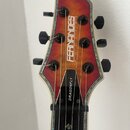 Hlava elektrické kytary s červeným dřevěným povrchem a světlým lemováním. Na čele je svisle umístěné bílé logo FERNANDES GUITARS a níže černý plastov…