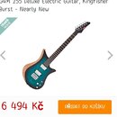 Snímek zobrazuje elektrickou kytaru s trupem v modro-hnědém přechodovém odstínu (burst) a černým hmatníkem. Nástroj má dva humbuckery, jeden potencio…