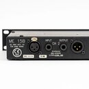 Zadní strana černého elektronického zařízení s nápisy ME 15B a SEE RANE NOTE 110 FOR CABLE WIRING. Jsou zde vidět konektory INPUT CH 2 (jack), OUTPUT…