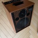 Dřevěný akustický zesilovač s černou mřížkou reproduktoru a ovládacím panelem na horní straně. Na pravém horním rohu mřížky je nápis acus sound engin…