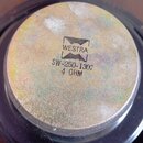 Detailní pohled na zadní stranu reproduktoru s kovovým krytem v šedé barvě. Na povrchu je černý nápis WESTRA v rámečku a pod ním text SW-250-1307 4 O…