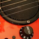 Detail červeného trupu elektrického nástroje s černým kruhovým krytem reproduktoru z kovové síťky. Pod krytem je umístěn černý oválný knofík s bílým…