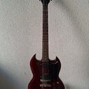 Elektrická kytara s tmavě červeným lakem a černým pickguardem v tvaru SG. Na hlavě hmatníku je bílý nápis Apollo. Nástroj má dva humbuckery, dva ovlá…