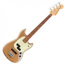 Zlatá elektrická basová kytara s bílým pickguardem a hnedým hmatníkem. Na hlavě je nápis Fender MUSTANG BASS. Nástroj vykazuje čistý povrch bez vidit…