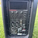Zadní panel černého aktivního reproduktoru s nápisy CERWIN-VEGA! PROFESSIONAL a P1000X. Panel obsahuje tři ovratové ovládací knoflíky LEVEL, přepínač…
