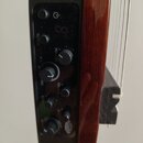 Detail ovládacího panelu akustického zesilovače v černém plastovém rámu, který je osazen do dřevěného korpusu hnědé barvy. Na panelu jsou tlačítka a…