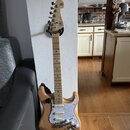 Elektrická kytara s přírodním dřevěným povrchem těla a světlou hmatníkovou deskou. Na hlavě je viditelné logo "SG". Kytara má bílý pickguard s textur…