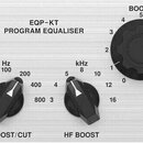 Stříbrný rackový ekvalizér s nápisem EQP-KT PROGRAM EQUALISER a logem KLARKTEKNIK. Přední panel obsahuje čtyři velké černé otočné knoflíky s popisky…