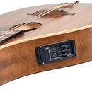 Hnědá akustická kytara s vyřezem v korpusu. Na boku je umístěn černý ovládací panel s nápisy VOL, BASS, MIDDLE, TREBLE a označením FSE-3 preamp equal…