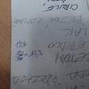 Fotografie zachycuje detail bílého papíru s ručně psanými poznámkami modrým inkoustem. Text je orientován obráceně a obsahuje nápisy jako „CIBULE,“,…
