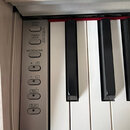 Detailní pohled na levou část klávesnice s bílými a černými klávesami. Vedle kláves je ovládací panel s tlačítky a nápisy DEMO/SONG, PIANO/VOICE, MET…