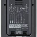 Zadní strana černého přenosného reproduktoru z plastu. Na panelu jsou vidět vstupy a nápisy: MIC, A. GUITAR, BASS, KEYBOARD, PORTABLE PLAYER LINE, PE…