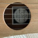 Detail vnitřku ozvučnice akustické kytary s viditelným štítkem. Na štítku je nápis The Backpacker Guitar, Serial # 207510 a USE EXTRA LIGHT STRINGS O…