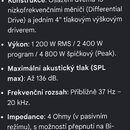 Fotografie obsahuje text s technickými specifikacemi pro model SRX725. Text je psán bílou barvou na černém pozadí a uvádí detaily o konstrukci, výkon…