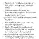Fotografie obsahuje text v češtině s seznamem vlastností zařízení. Text zmiňuje 15" ovladač s hliníkovou 3" hlasovou cívkou, systém Bi-zesilovaÄ\u00c…