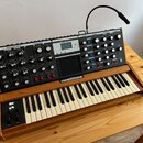 Syntetizátor s klaviaturou v dřevěném korpusu a šedým ovládacím panelem. Na panelu jsou nápisy LFO, MODULATION BUSSES, OSCILLATORS, MIXER, FILTERS, E…