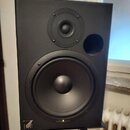 Černý studiový monitor v hranatém korpusu s dvěma reproduktory a bassreflexním otvorem. V levém dolním rohu je bílé logo s nápisem Event. Povrch je m…