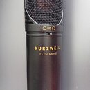 Černý kondenzátorový mikrofon s kovovou mřížkou a matným povrchem těla. Na přední straně je zlatý nápis KURZWEIL a pod ním text It's the sound. Ve sp…
