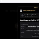 Snímek obrazovky z webové stránky gibson.app s výsledkem vyhledávání sériového čísla. Je zde uveden text „Your Gibson was built in 2014“ a tabulka s…