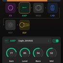 Snímek obrazovky z mobilní aplikace pro ovládání hudebního zařízení. V horní části je uveden název Tank Mini v8 a vybraný preset 3B. V sekci AMP je z…