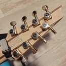 Detail hlavy kytary z jasného dřeva s osmi zlatými ladicími mechanismy. Na každém mechanismu je černý kruh s bílým nápisem GOTOH, nad kterým je text…