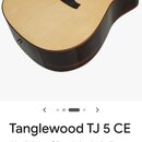 Akustická kytara s cutawayem, světlým topem a tmavými boky a zadní stranou. Pod hmatníkem je vidět nápis Tanglewood. V textu pod fotografií je uveden…