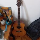 Akustická kytara s cutawayem v přirozené dřevěné barvě. Na hlavě hmatníku je bílý nápis Washburn a pod ním stylizovaný symbol hvězdy. Nástroj je umís…