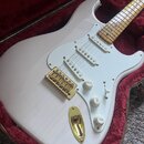 Bílá elektrická kytara typu Stratocaster s bílým pickguardem a zlatými hardwaremi, umístěná v červeném polstrovaném kufru. Nástroj má tři bílé snímač…