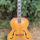 Akustická archtop kytara s přírodním dřevěným povrchem a tmavým hmatníkem. Na hlavě je vidět bílý ornamentální vložkový prvek a šest ladicích kolíčků…