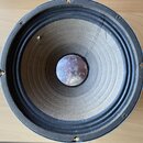 Fotografie zachycuje kruhový reproduktor s šedou membránou a černým okrajem. V pravé horní části membrány je viditelný trhlinový roztrh. Uprostřed se…
