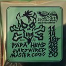 Záběr na zelenéfoilové balení kytarových strun. Na obalu je černý grafický symbol lebky a nápisy ERNIE BALL, JAMES HETFIELD SIGNATURE, 2201, PAPA HET…