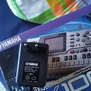 Černý síťový adaptér s nápisem YAMAHA EXTERNAL AC POWER ADAPTOR MODEL: PA-300 INPUT: 230V 50Hz 110mA OUTPUT: 12V 700mA. Adaptér leží na modré krabici…