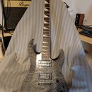 Elektrická kytara s šedým, mramorovaným povrchem těla a hnědým hnedým hmatníkem. Na hlavě je nápis "Schecter". Nástroj má dva humbuckery, jeden kontr…