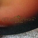 Detailní záběr na povrch hudebního nástroje s přechodem barvy od žluté přes oranžovou k černé. Na povrchu je zlatým písmem nápis ALEXANDRA a pod ním…