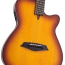 Akustická kytara s tělem v barvě sunburst (přechod od žluté k tmavě hnědé). Nástroj má vyřez vyložený černým materiálem a černý kobylník. Na těle nej…
