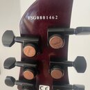 Zadní strana hlavy tmavě hnědé kytary s nápisem FSG0801462. Na hlavě jsou instalovány šestiladové ladící mechanismy s černými knoflíky a měděnými kry…