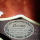 Detailní pohled do otvoru akustické kytary s viditelnou vnitřní štítkem. Na štítku je logo Ibanez a texty MODEL NO. AG950A-DBS 5B-01, SERIAL NO. PW18…