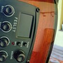 Detail ovládacího panelu akustické kytary v černé barvě s nápisem FESLEY. Panel obsahuje čtyři otočné potenciometry s popisky BASS, MIDD., TREB. a PR…