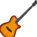 Akustická kytara s cutawayem v barevném přechodu od žluté k tmavě hnědé (sunburst). Na hlavě hmatníku je bílý nápis "Lag Guitar". Kytara má tmavý hma…