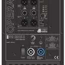 Zadní panel černého aktivního subwooferu s nápisem OPERA SUB15 a logem db TECHNOLOGIES. V horní části je sekce MICROPROCESSOR CONTROL SYSTEM s konekt…