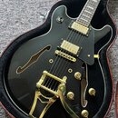 Černá polodupová elektrická kytara s gold hardwarem v hnědém tvrdém pouzdře. Nástroj má dva humbuckery, zlatý Bigsby vibrato systém a čtyři ovládací…