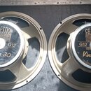 Dvě kytarové reproduktory v kovových rámech zlatavé barvy. Na černých středových krytech jsou bílé a zlaté nápisy CELESTION LOUD SPEAKERS, G12, Vinta…